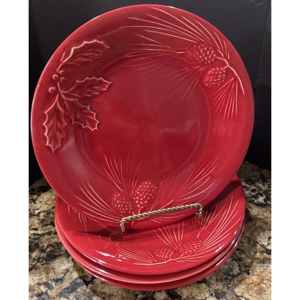 Lenox Rustic Berry Red Salad Plates Plate Set Of 4 Christmas Holiday Holly 9"